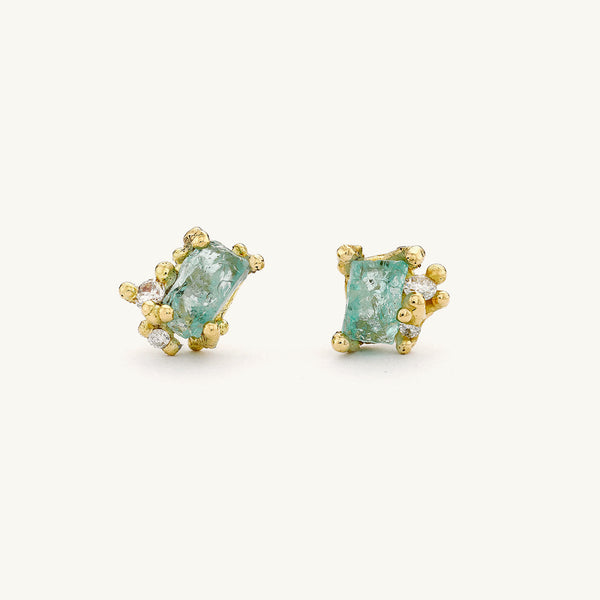 Raw Emerald And Diamond Encrusted Studs