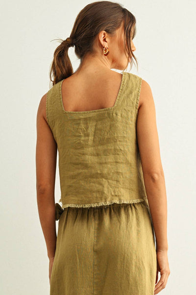 Raw Hem Square Neck Linen Top